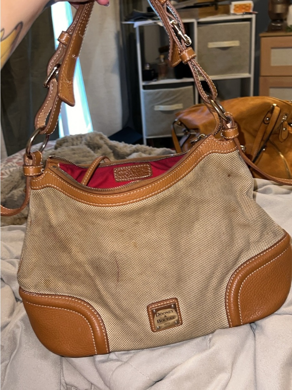 Dooney & Bourke Tan Canvas Hobo with Saddle Brown Leather Trim